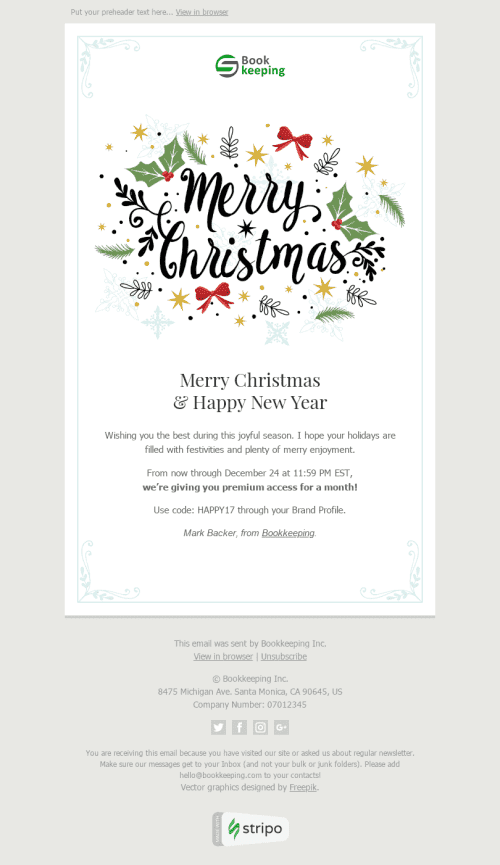 Christmas Email Template "Sincere Congratulations" for Finance industry desktop view