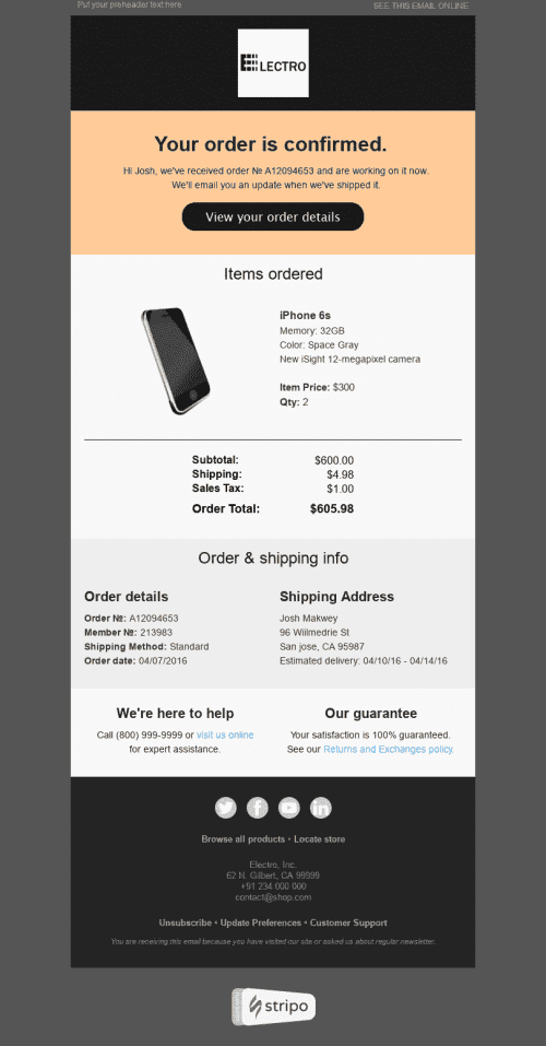 Confirmation Email Template "Limited Edition" for Gadgets industry desktop view