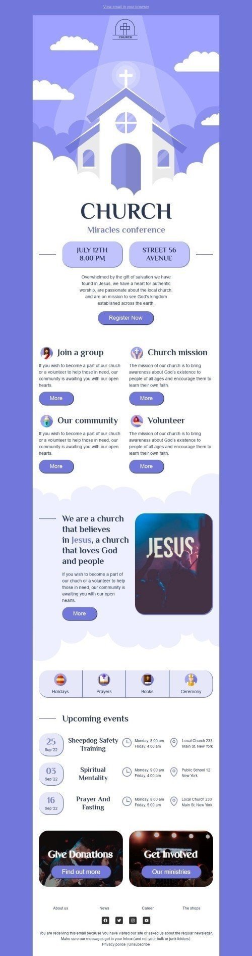 Promo Email Template "Miracles conference" for Church industry mobile view
