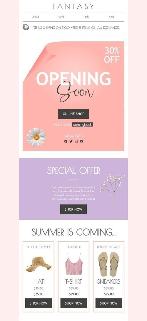 Coming Soon Email Template "Opening soon" for Fashion industry mobile view