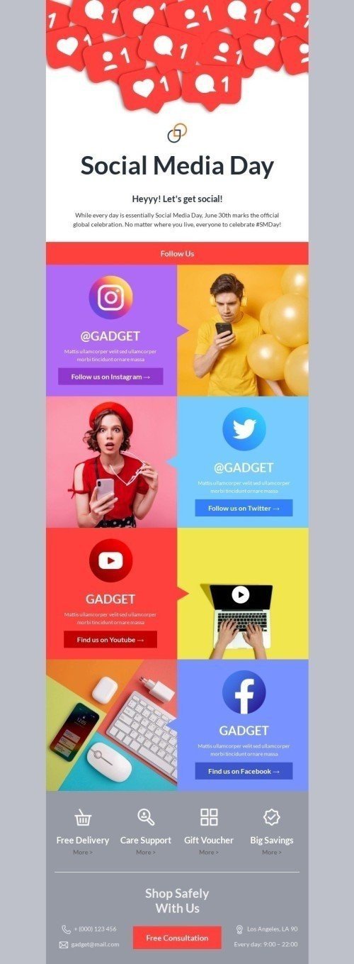 Social Media Day Email Template "Let's get social" for Gadgets industry mobile view