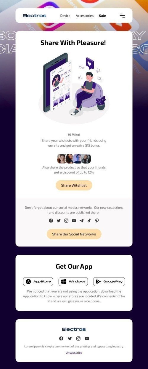 Social Media Day Email Template "Share Your Wishlists for a Bonus" for Ecommerce industry mobile view