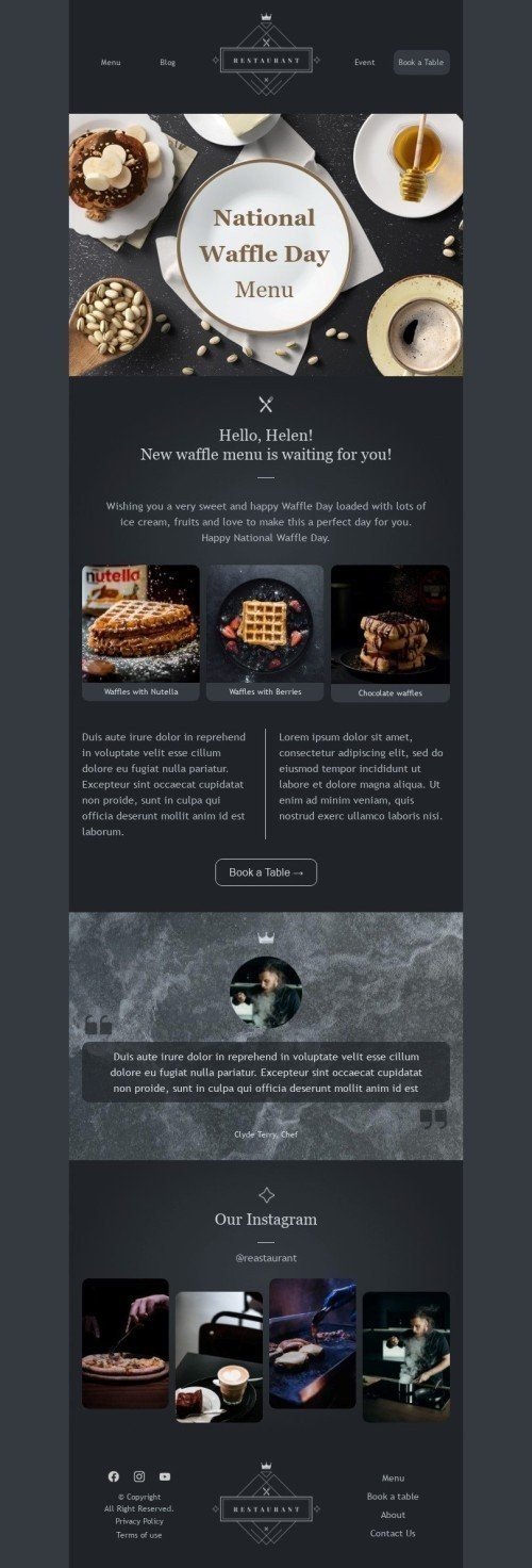 National Waffle Day Email Template "New waffle menu" for Food industry mobile view