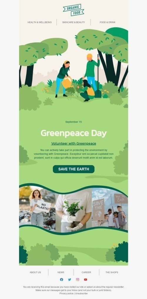 Greenpeace Day Email Template "Volunteer with Greenpeace" for Organic & Eco Goods industry mobile view