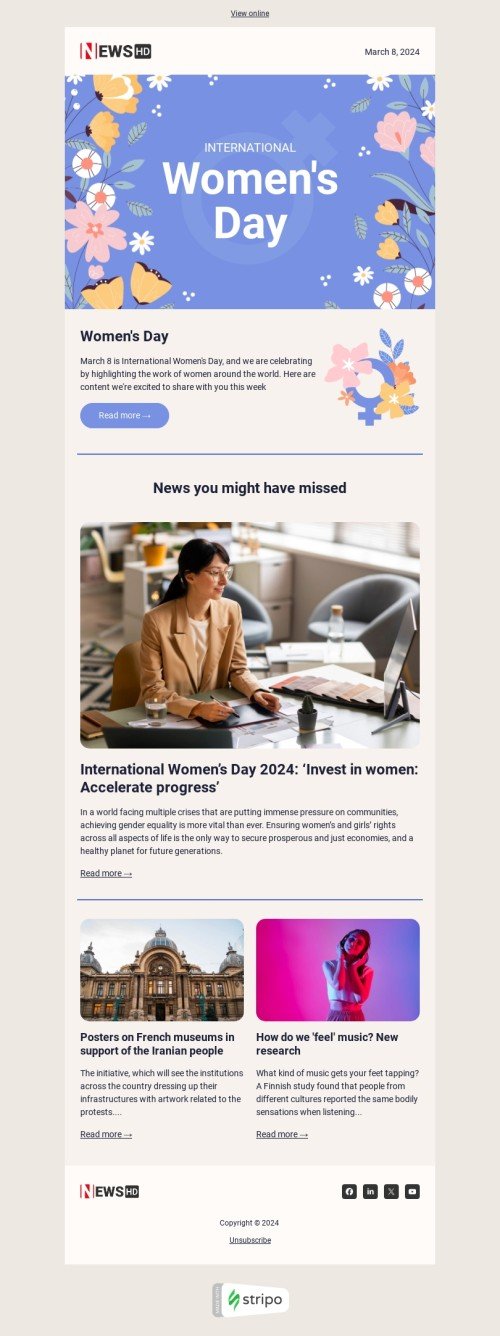 Women's Day email template "Time for some news" for publications & blogging industry mobile view