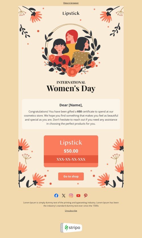 Women's Day email template "Unexpected gift" for beauty & personal care industry mobile view