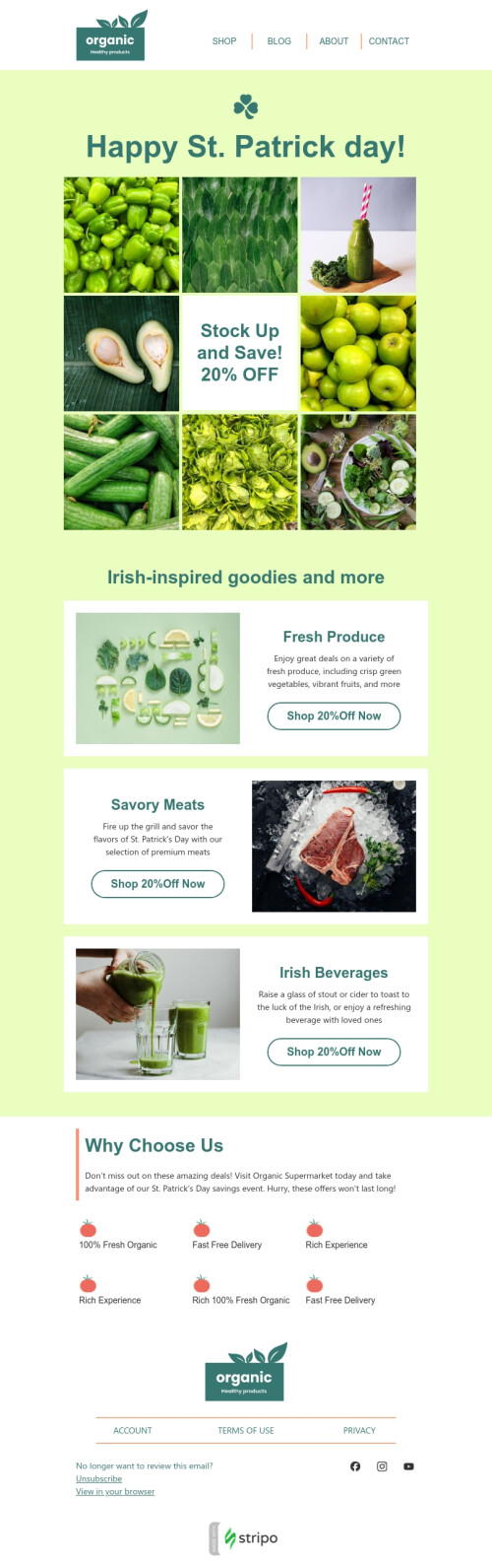 St. Patrick's Day email template "Stock up and save" for food industry mobile view