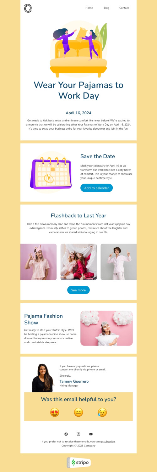 Wear Your Pajamas to Work Day email template "Pajama fashion show" for business industry mobile view