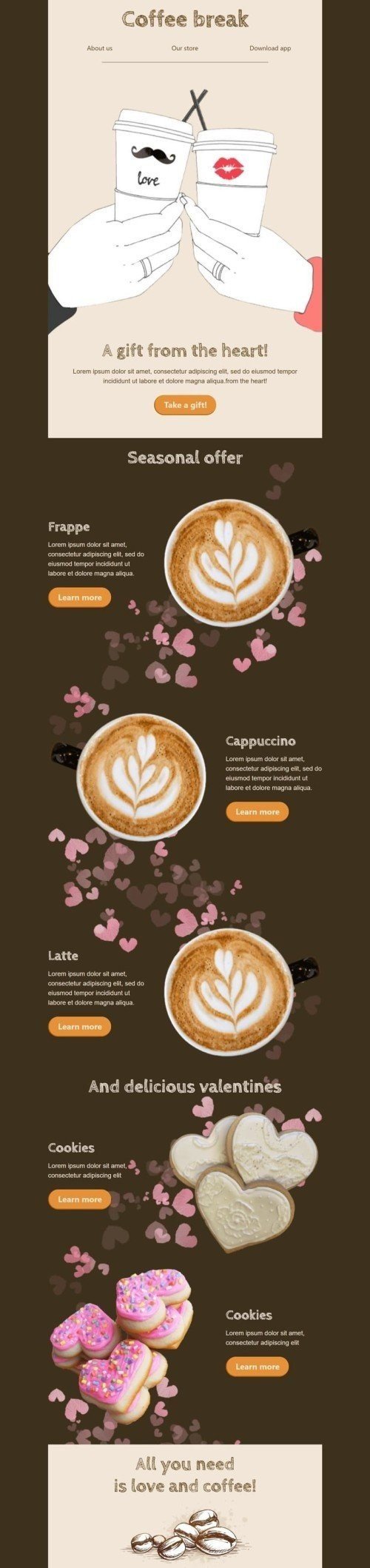 Valentine’s Day Email Template «Coffee Break» for Beverages industry desktop view