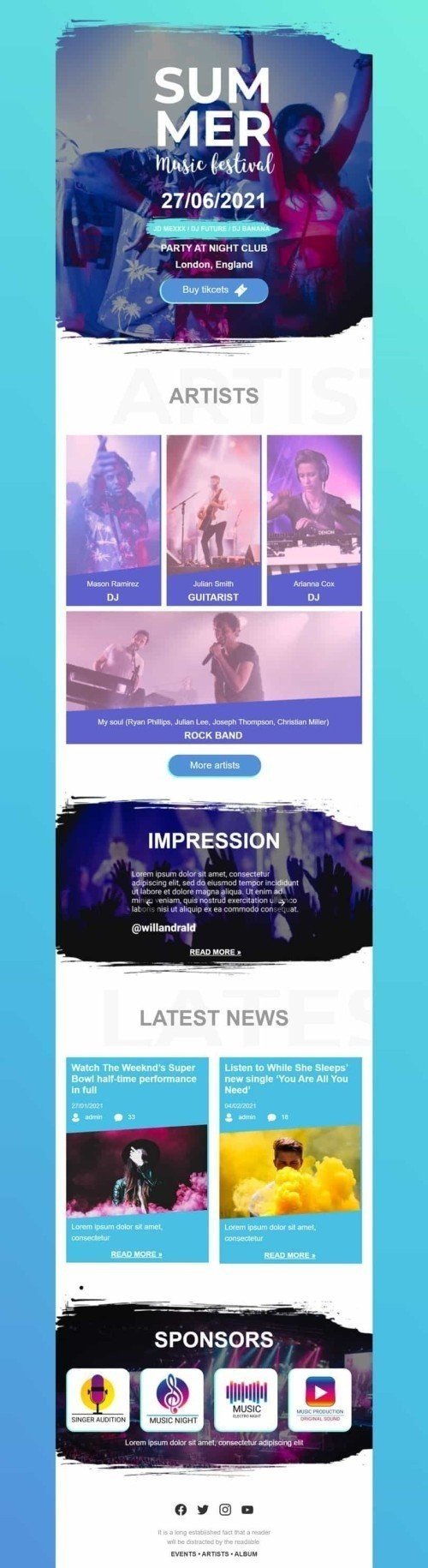 Promo Email Template «Music Festival» for Music industry mobile view