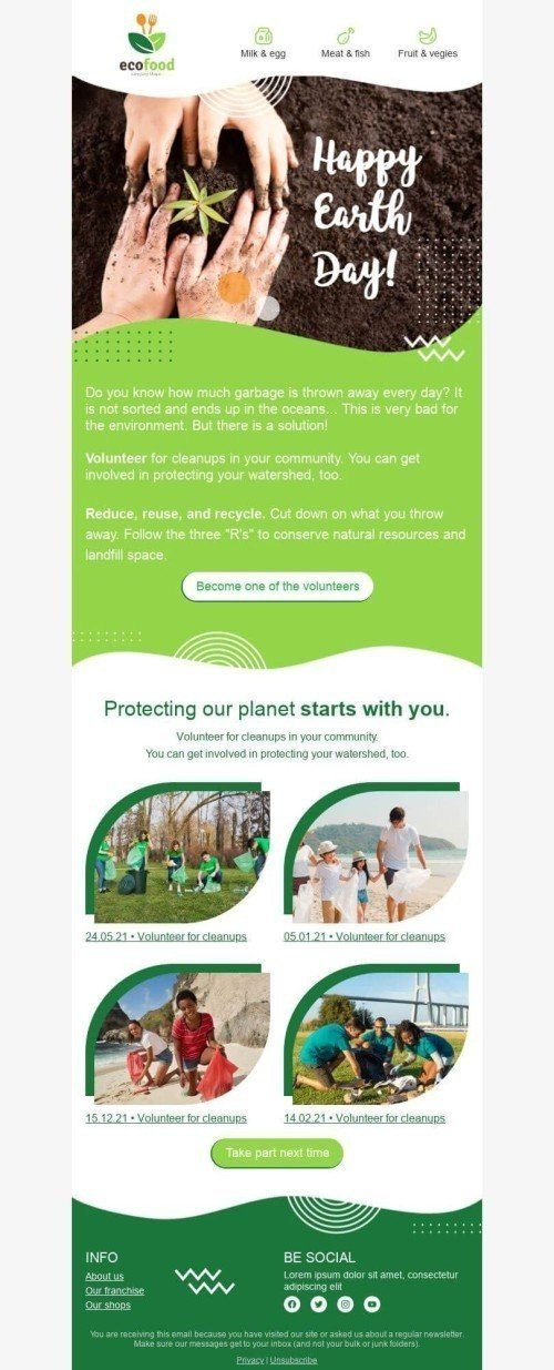 Earth Day Email Template «Garbage collection» for Food industry mobile view