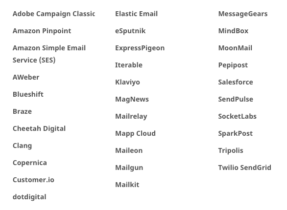 Plateformes de messagerie et fournisseurs de services prenant en charge AMP for Email_Table