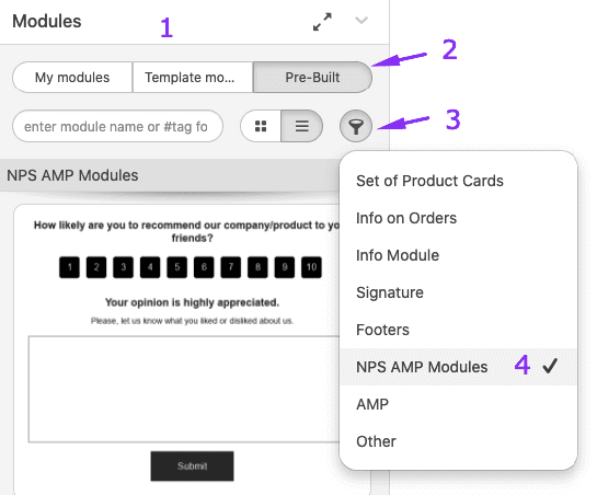 Selecionando Módulos com Net Promoter Score no Stripo