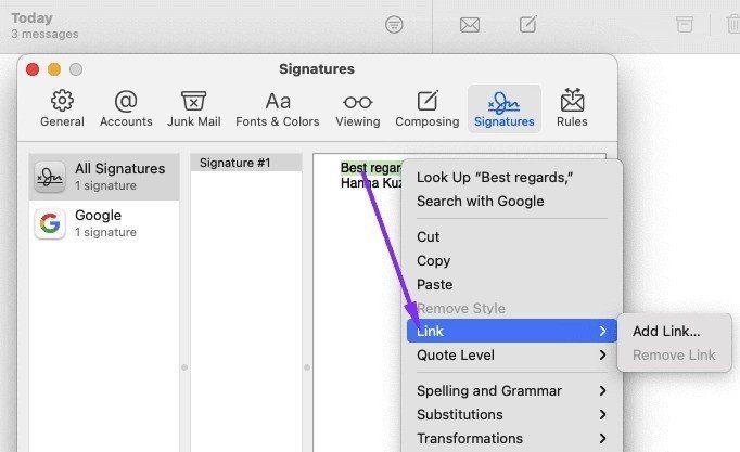Adding Link to Signature Apple Mail