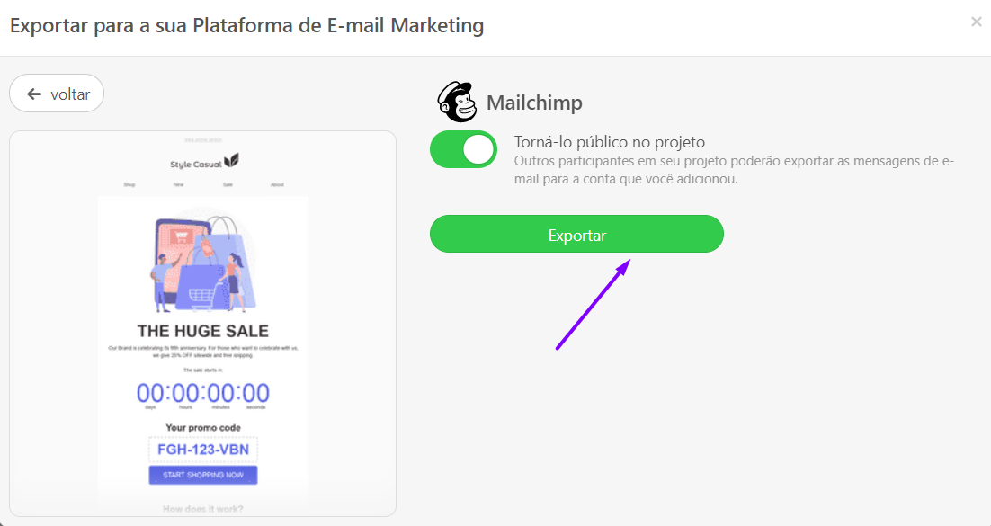 Botão Exportar_Exportando e-mails para Mailchimp_Stripo
