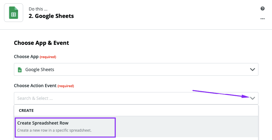 Choosing the Create Spreadsheet as Action