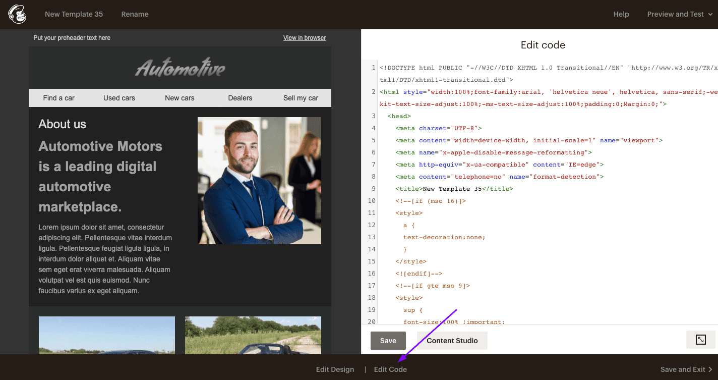 Clicar no botão Editar código para abrir o editor de HTML do Mailchimp