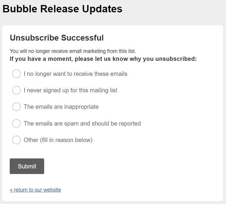 Página de cancelación de suscripción de correo electrónico efectiva por Bubble _ Stripo