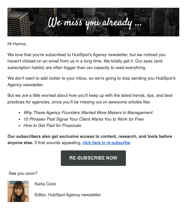 Example of a re-engagement email