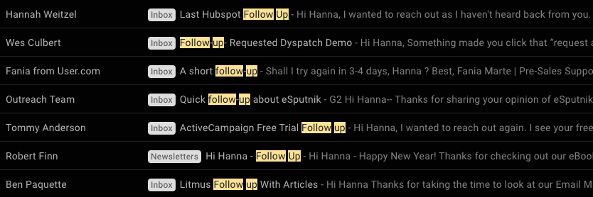 Examples of follow-up email subject lines in Gmail