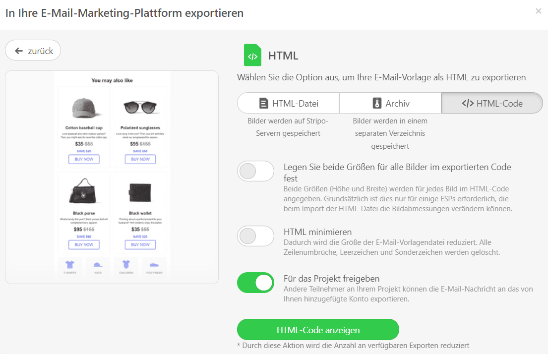 Exportoptionen auswählen, um deine Mailchimp-Vorlagen herunterzuladen
