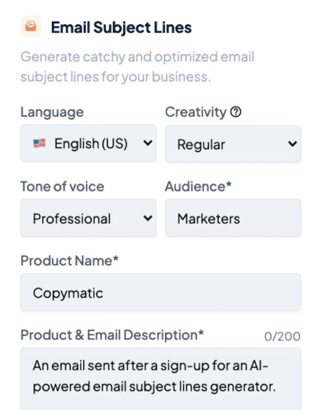 Copymatic Generador Gratuito de Líneas de Asunto de Correo Electrónico para Impulsar O