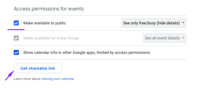 Getting the Shareable link for Google Calendar