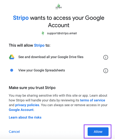 Giving Stripo Access to Google Sheets by Clicking the Allow Button