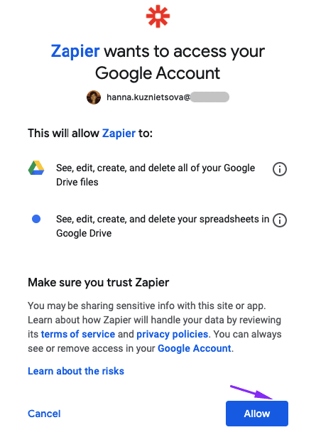 Предоставление Zapier доступа к вашему Google Drive