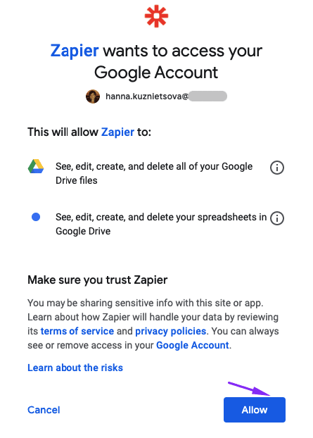 Надання Zapier доступу до вашого Google Drive