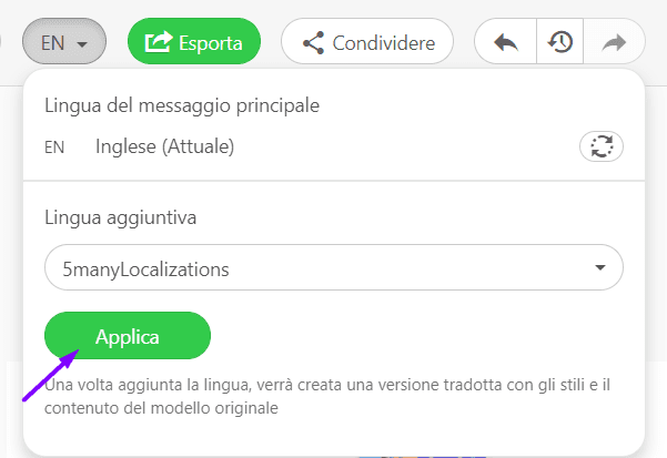 Il pulsante Applica in Stripo Email Translate