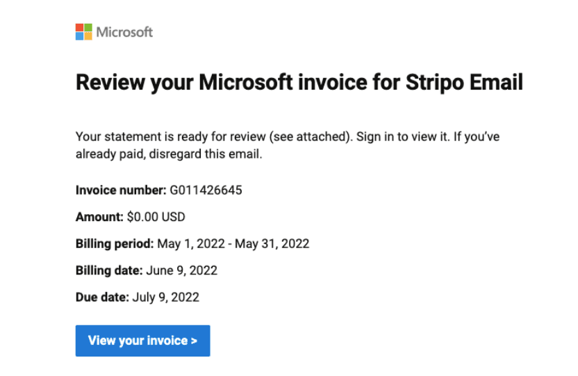 Invoice Email Message Example from Microsoft