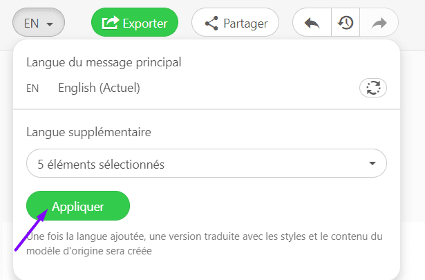 Le bouton Appliquer dans Stripo Email Translate