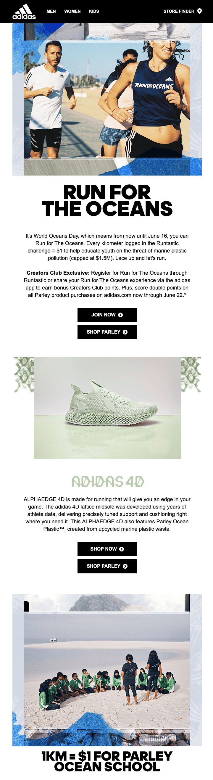 Newsletter e-mail Esempio di contenuto in formato lungo di Adidas