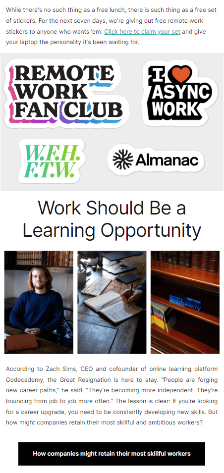 Newsletter example of how to share weekly tips by Almanac
