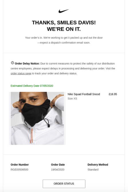 Bestellbestätigungs-E-Mail von Nike