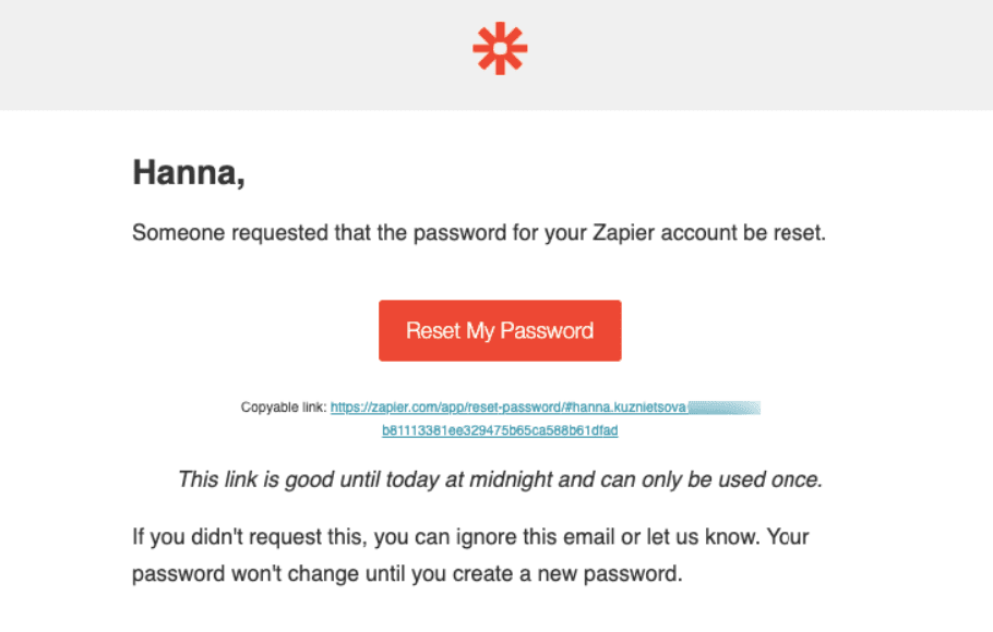 Пример письма для сброса пароля