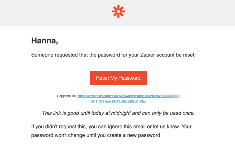 Esempio di email di reimpostazione della password