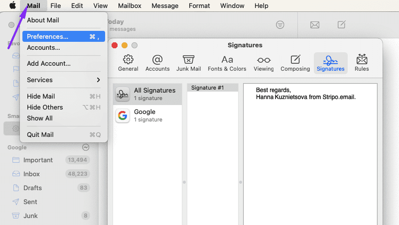 Définition d'une signature d'e-mail personnalisée dans Apple Mail
