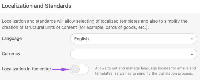 Settings Languages in the Localization Section