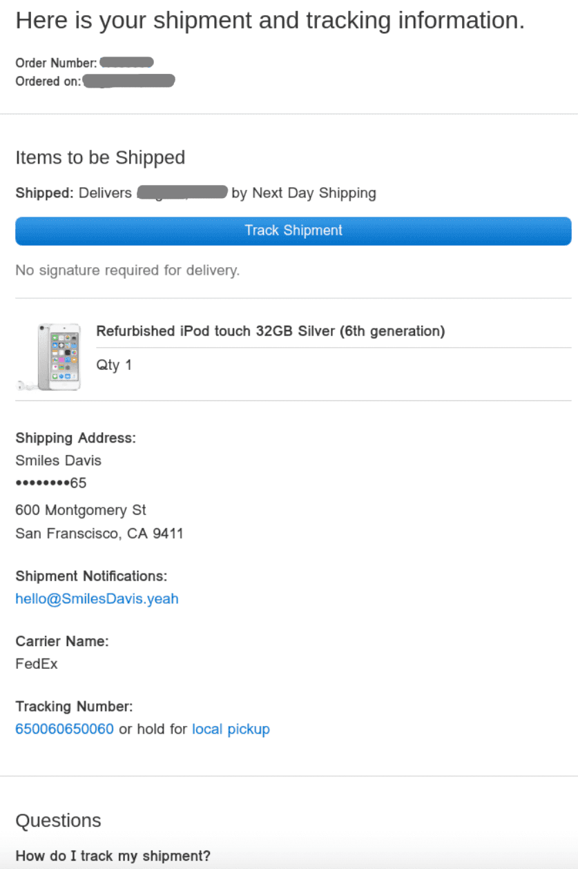 Shipping Delay Email Example with a Track Link
