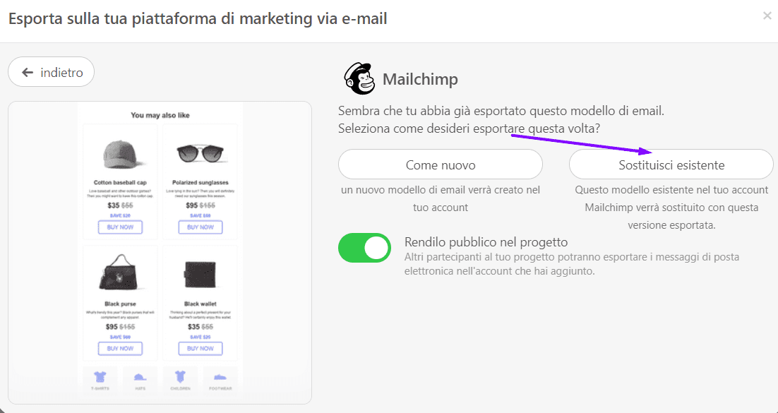 Sostituzione di una versione esistente della tua email Mailchimp