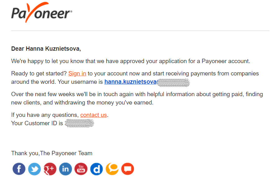 Notification email from Payoneer