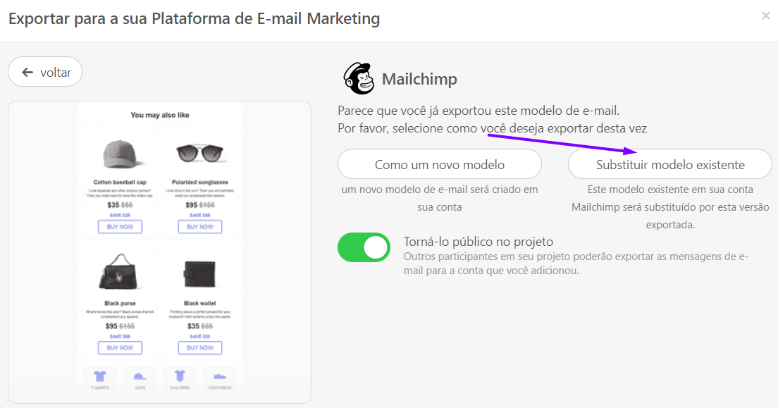 Substituindo uma versão existente do seu e-mail Mailchimp