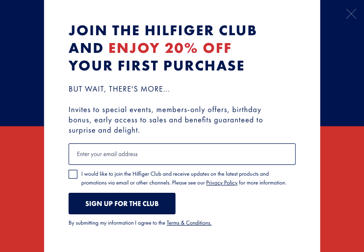 Email popup example _ Tommy Hilfiger