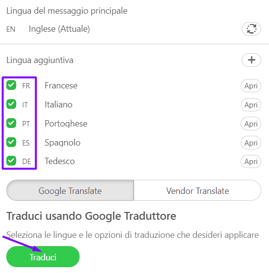 Traduzione di e-mail in tutte le lingue target contemporaneamente