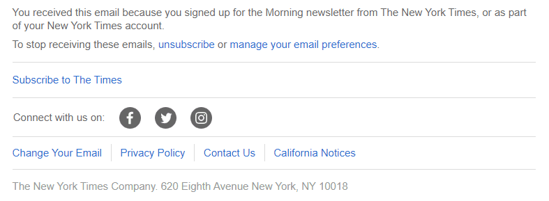 Email di annullamento dell'iscrizione _ Esempio del New York Times