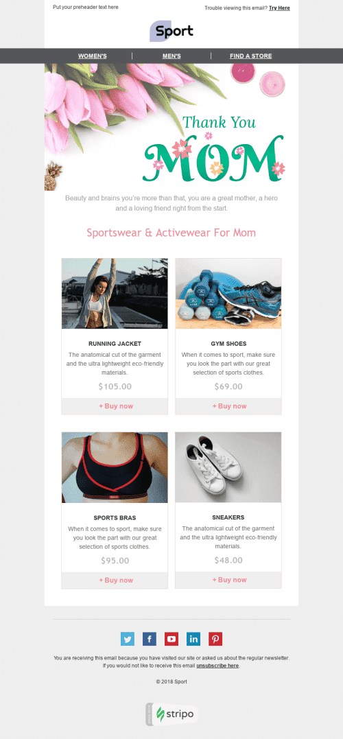 Mother’s Day Email Template "Comfortable Clothing" for Sports industry mobile view