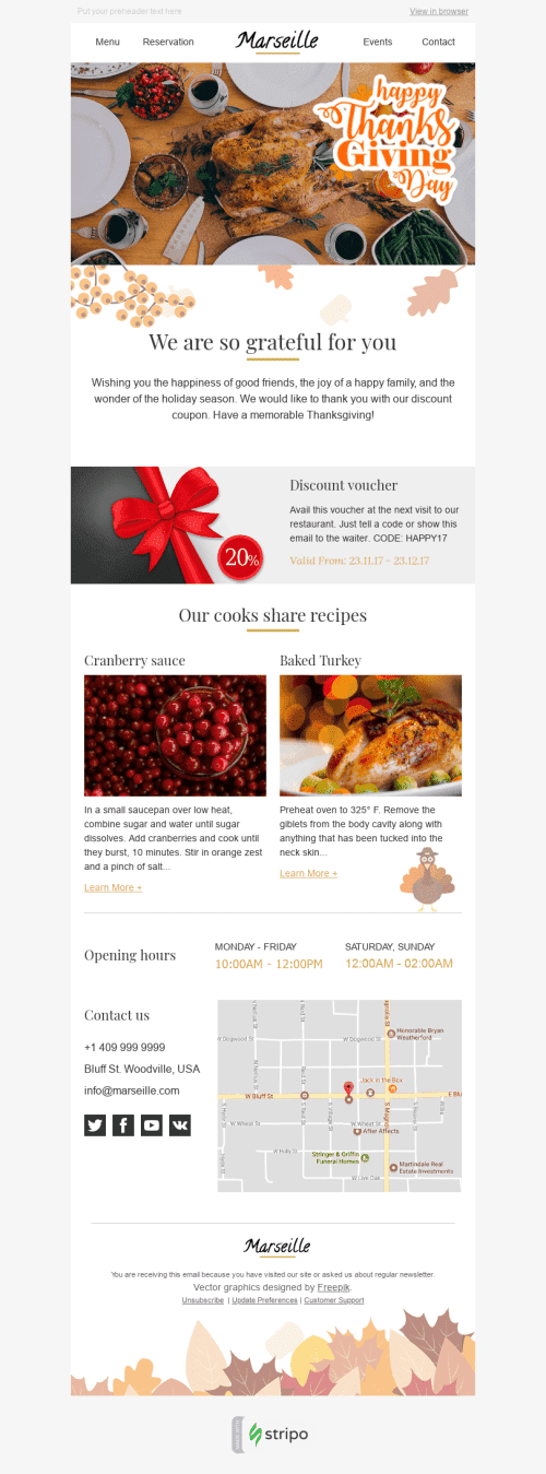 Plantilla de correo electrónico "Recetas favoritas" de Día de Acción de Gracias para la industria de RestaurantesVista de escritorio