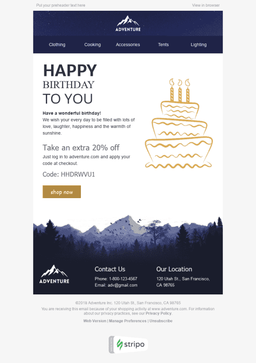 Modelo de E-mail de «Bolo Bom» de Aniversário para a indústria de TurismoVisualização de desktop